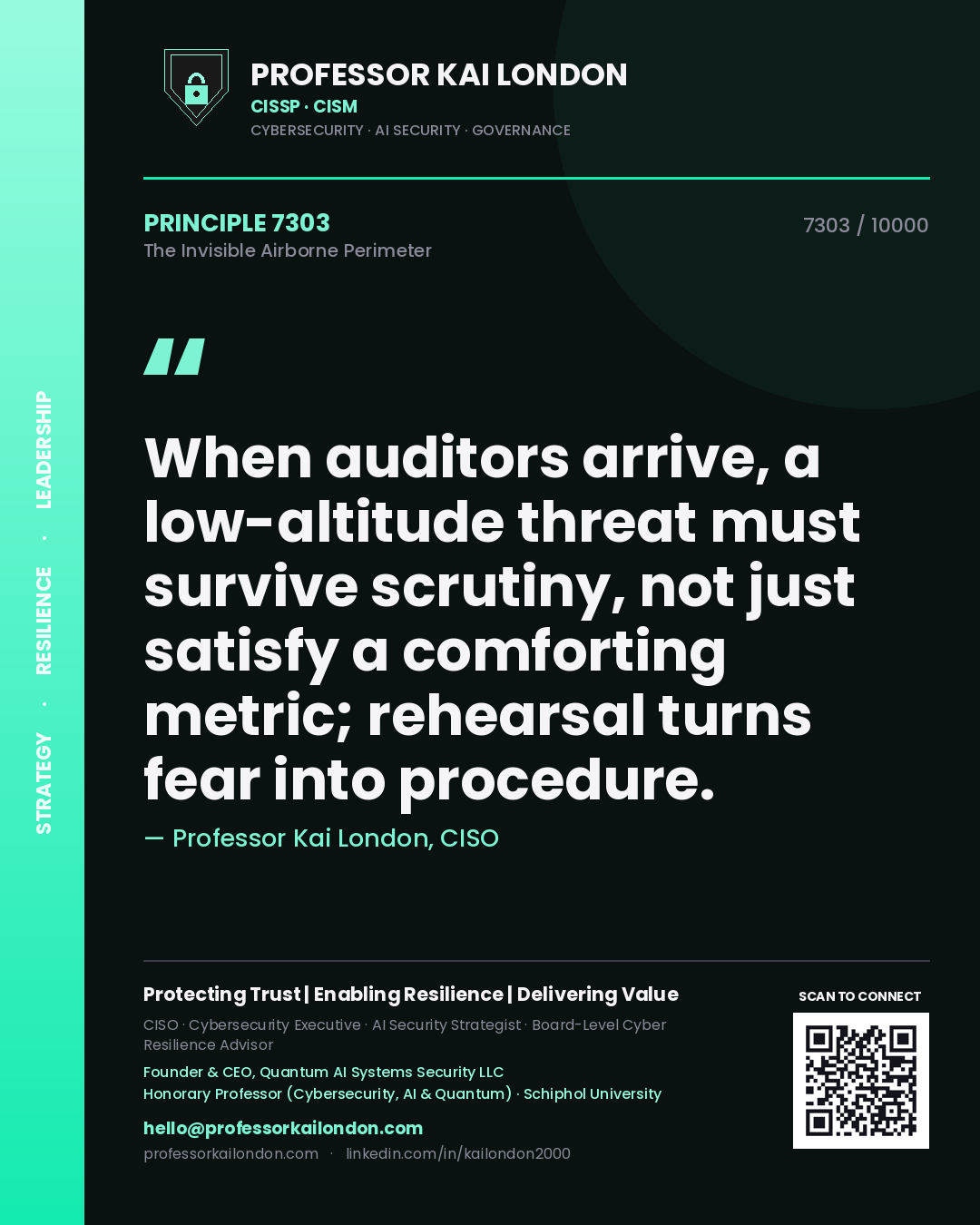 Quote card by Professor Kai London reading 'When auditors arrive, a low-altitude threat must survive scrutiny, not just satisfy a comforting metric; rehearsal turns fear into procedure.'. From the book The Invisible Airborne Perimeter.