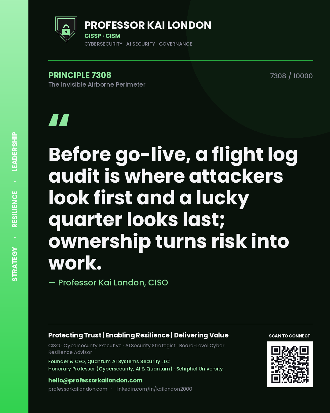 Professor Kai London principle 7308: Before go-live, a flight log audit is where attackers look first and a lucky quarter looks last; ownership turns risk into work.