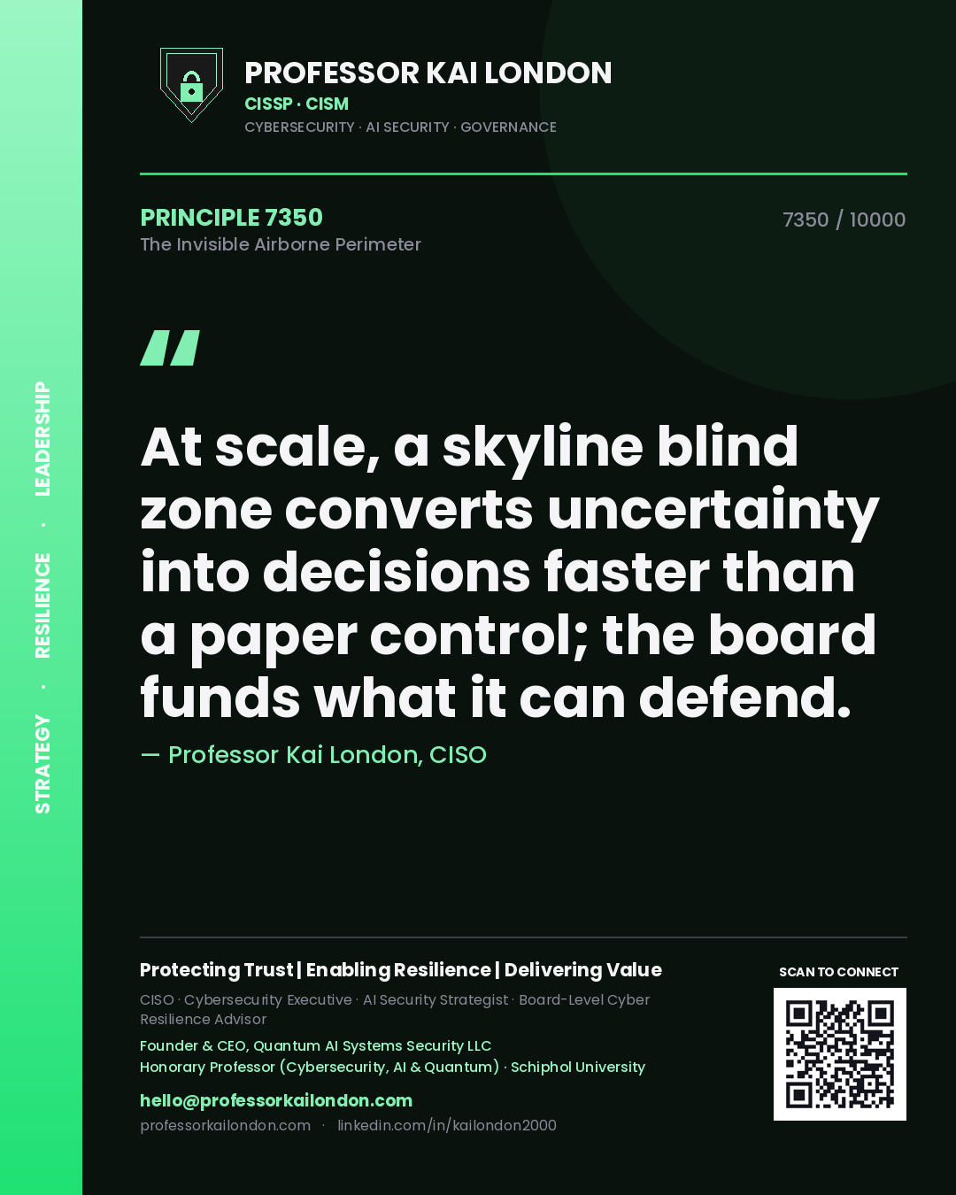 Quote card by Professor Kai London reading 'At scale, a skyline blind zone converts uncertainty into decisions faster than a paper control; the board funds what it can defend.'. From the book The Invisible Airborne Perimeter.