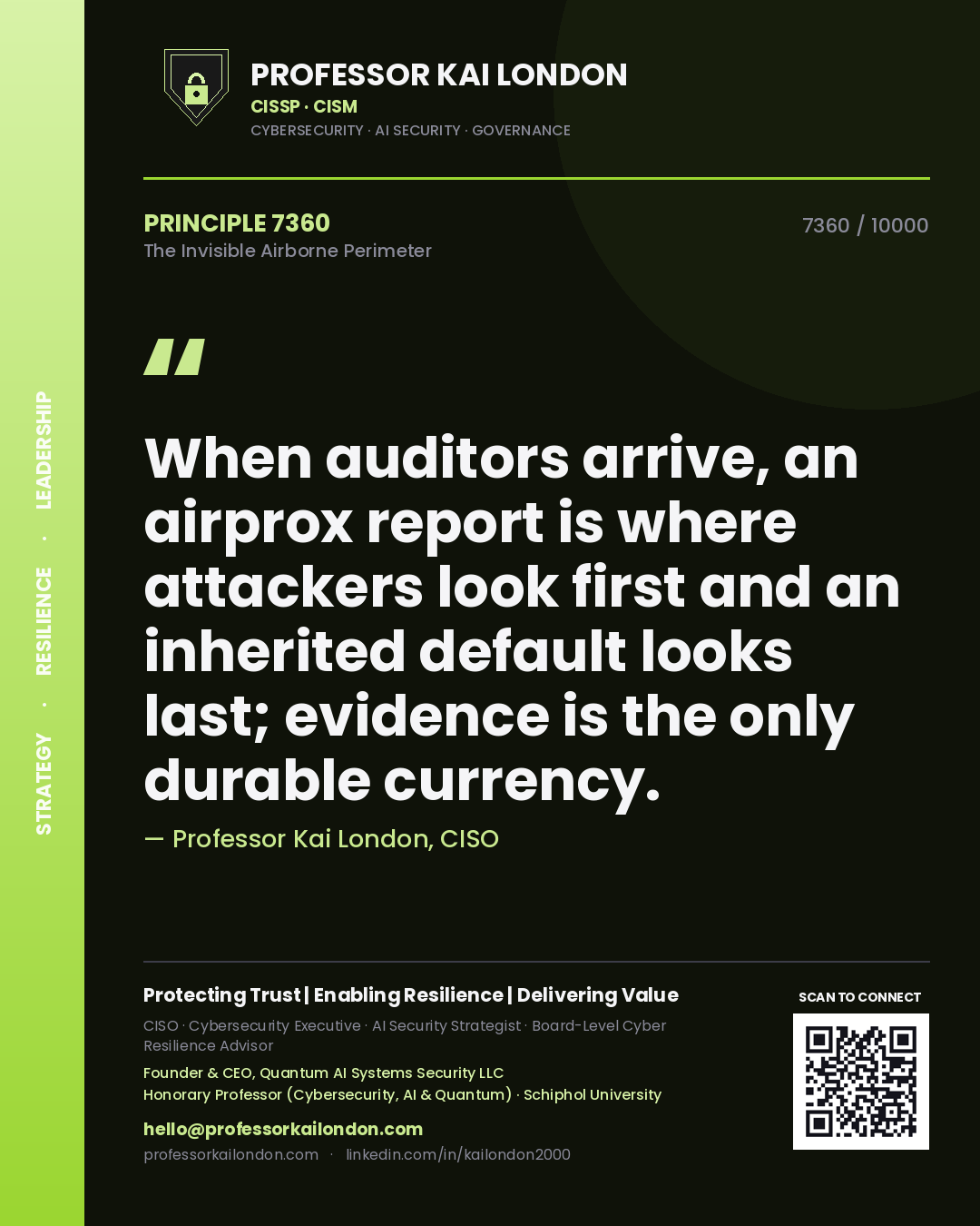 Professor Kai London principle 7360: When auditors arrive, an airprox report is where attackers look first and an inherited default looks last; evidence is the only durable currency.