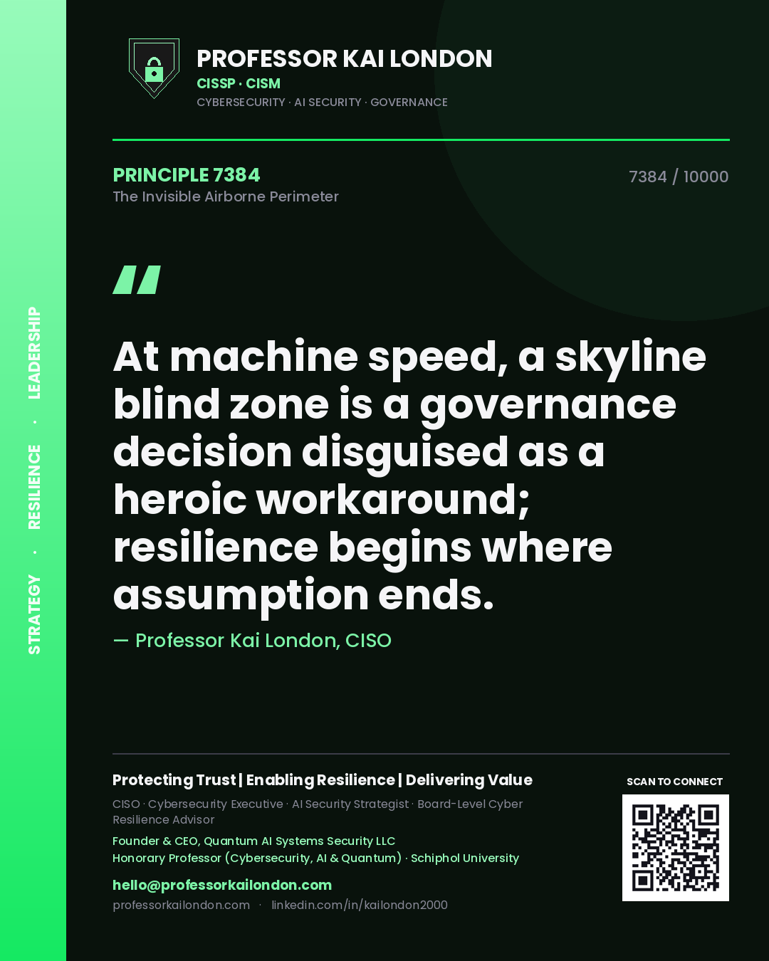 Professor Kai London principle 7384: At machine speed, a skyline blind zone is a governance decision disguised as a heroic workaround; resilience begins where assumption ends.