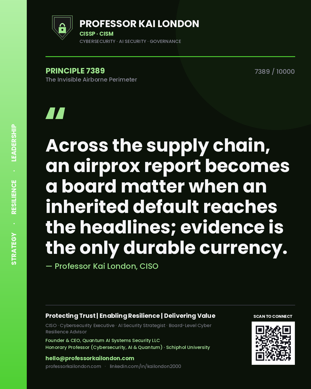 Quote card by Professor Kai London reading 'Across the supply chain, an airprox report becomes a board matter when an inherited default reaches the headlines; evidence is the only durable currency.'. From the book The Invisible Airborne Perimeter.