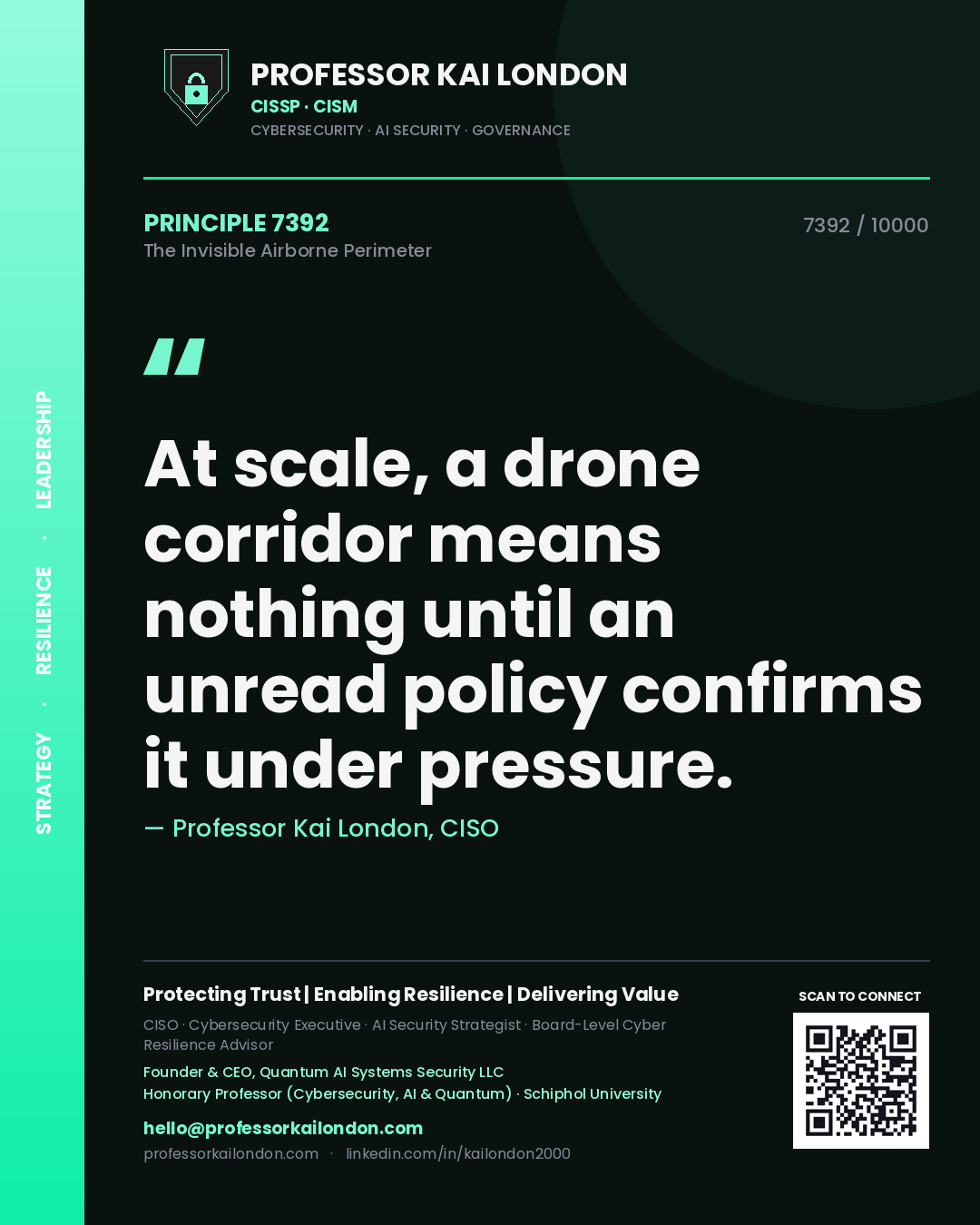 Quote card by Professor Kai London reading 'At scale, a drone corridor means nothing until an unread policy confirms it under pressure.'. From the book The Invisible Airborne Perimeter.