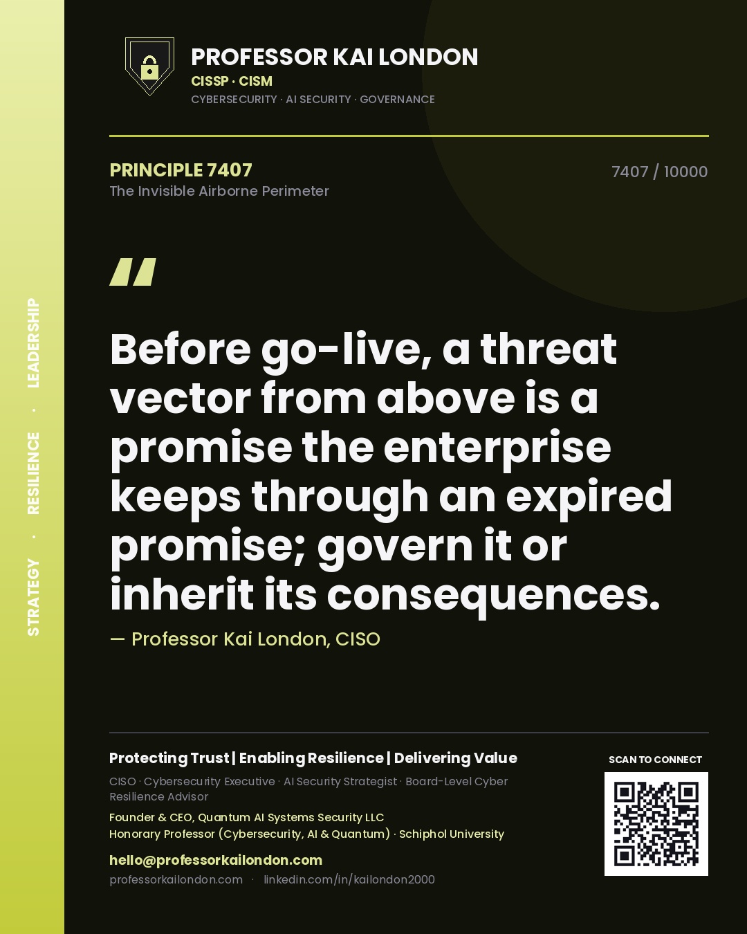 Professor Kai London principle 7407: Before go-live, a threat vector from above is a promise the enterprise keeps through an expired promise; govern it or inherit its consequences.