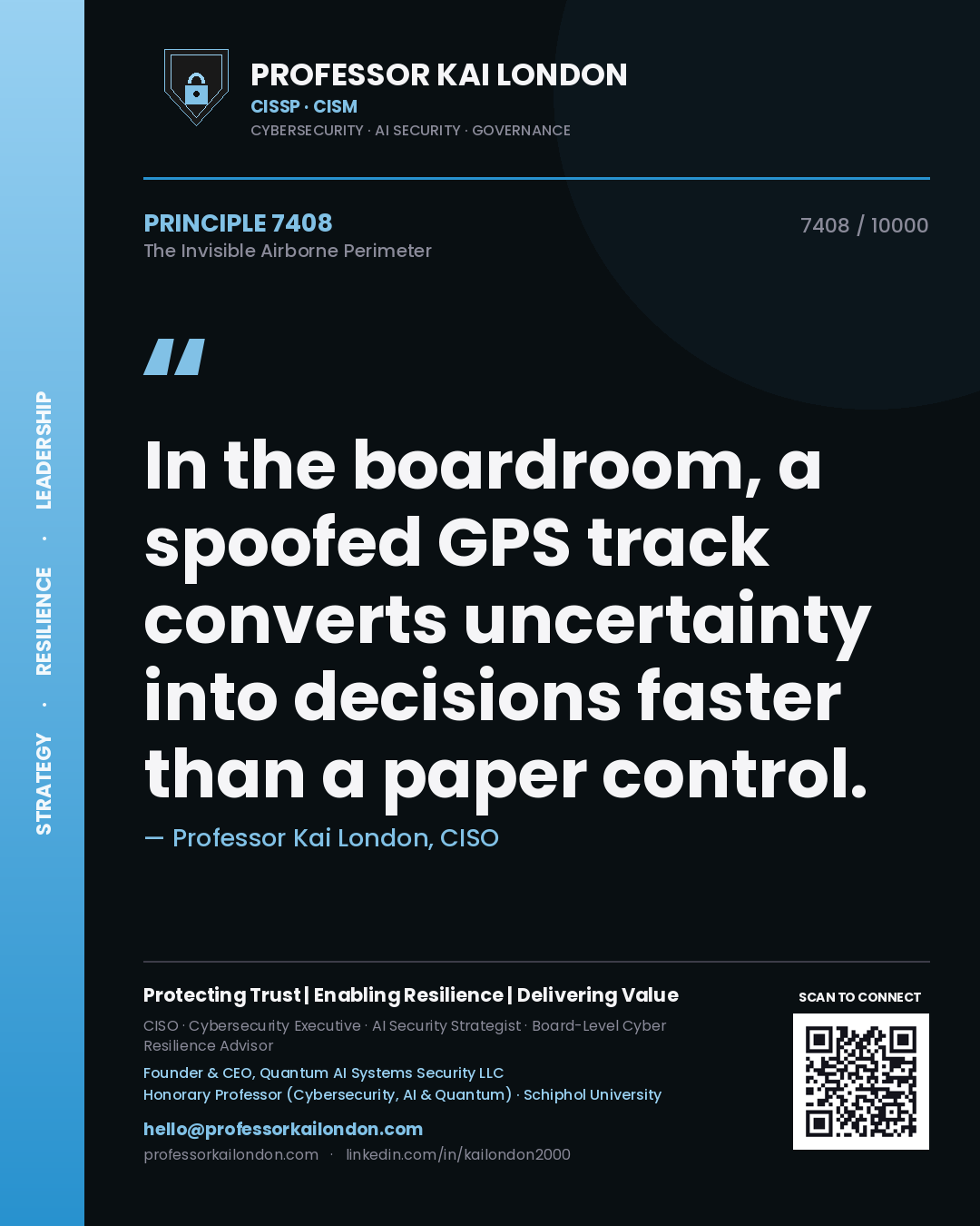 Quote card by Professor Kai London reading 'In the boardroom, a spoofed GPS track converts uncertainty into decisions faster than a paper control.'. From the book The Invisible Airborne Perimeter.