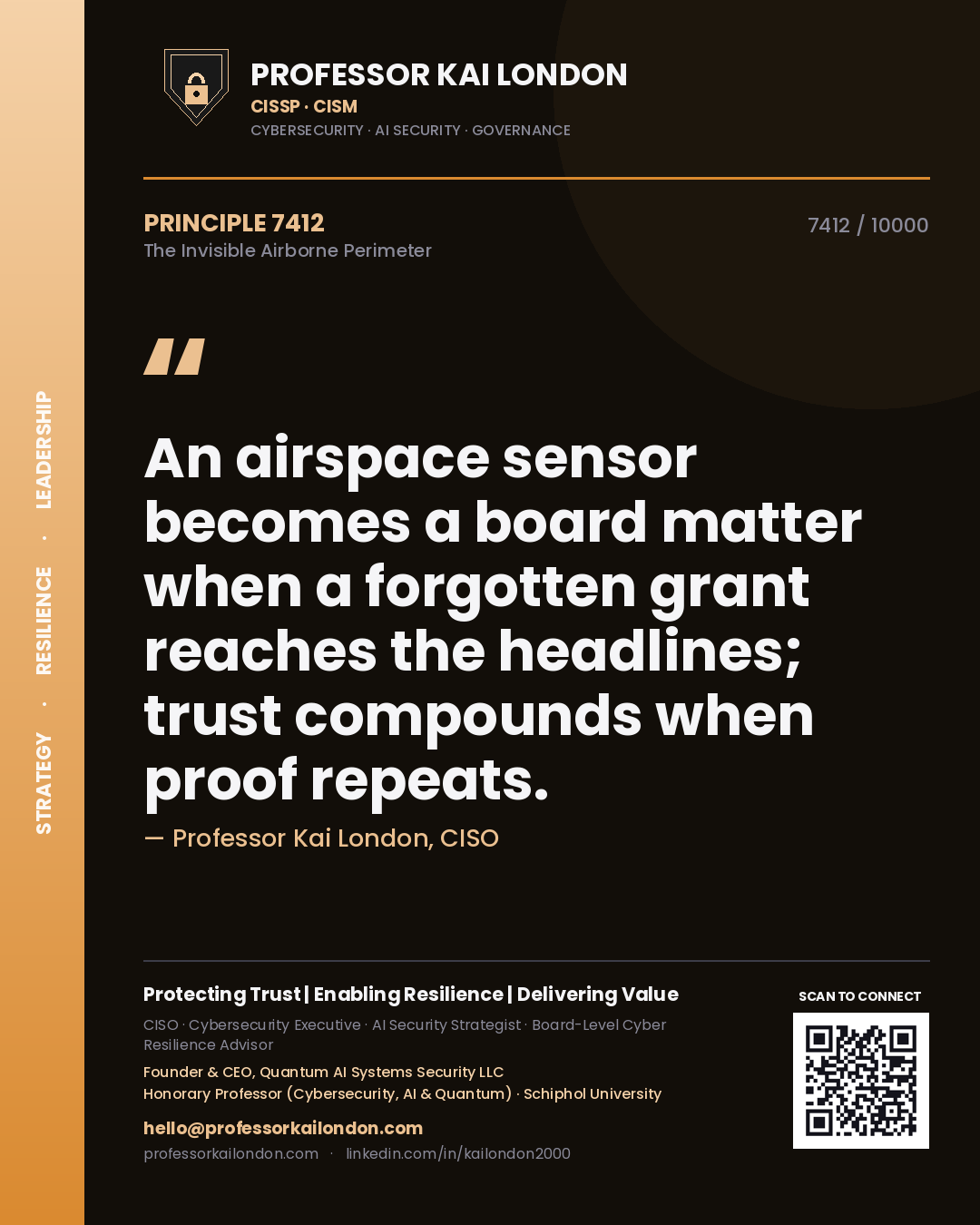 Professor Kai London principle 7412: An airspace sensor becomes a board matter when a forgotten grant reaches the headlines; trust compounds when proof repeats.