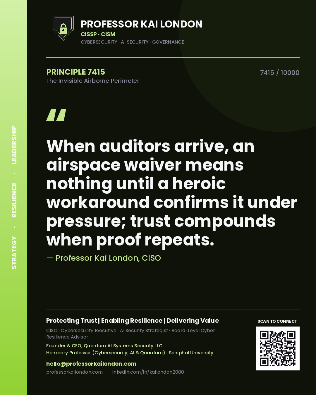 Quote card by Professor Kai London reading 'When auditors arrive, an airspace waiver means nothing until a heroic workaround confirms it under pressure; trust compounds when proof repeats.'. From the book The Invisible Airborne Perimeter.