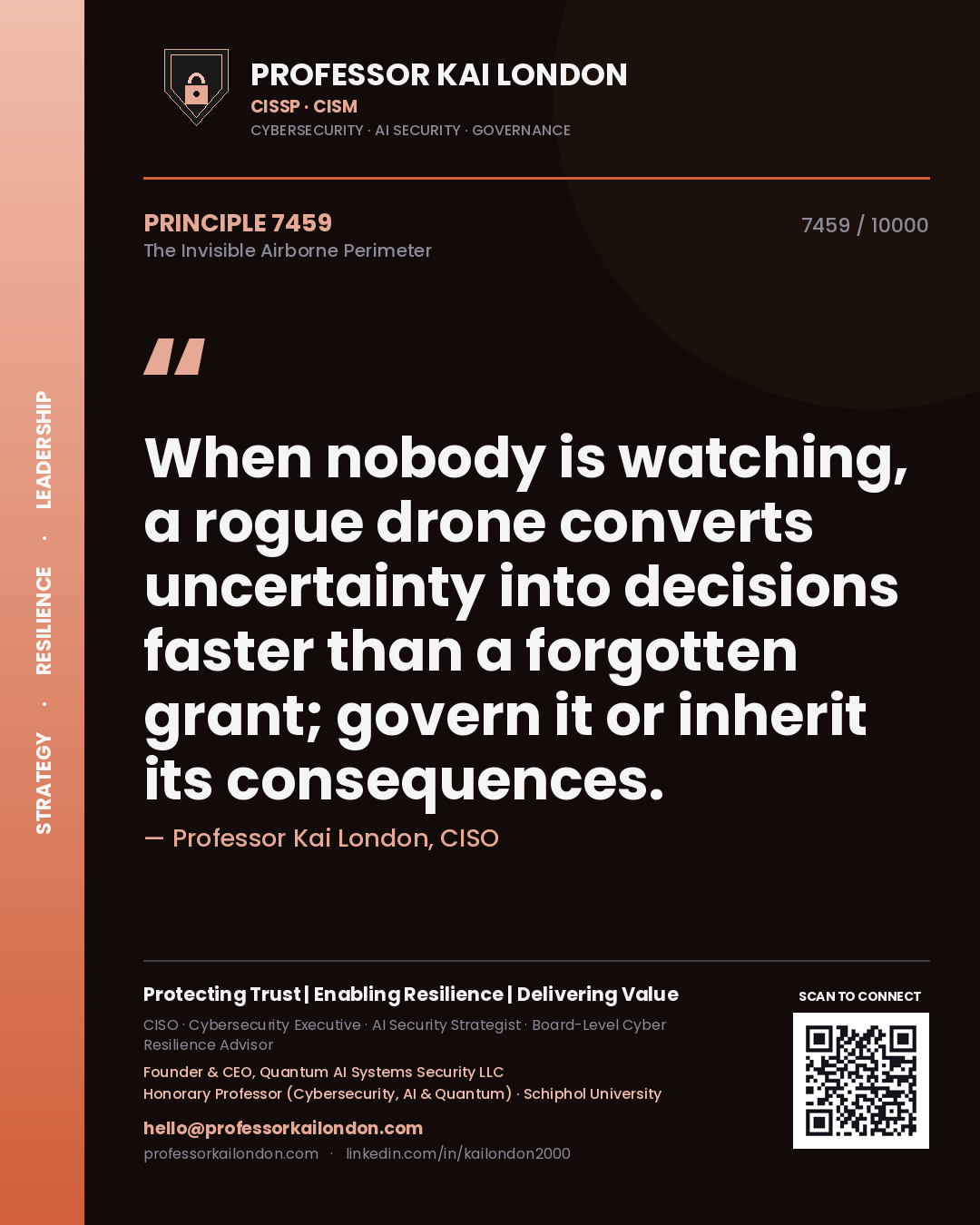 Quote card by Professor Kai London reading 'When nobody is watching, a rogue drone converts uncertainty into decisions faster than a forgotten grant; govern it or inherit its consequences.'. From the book The Invisible Airborne Perimeter.