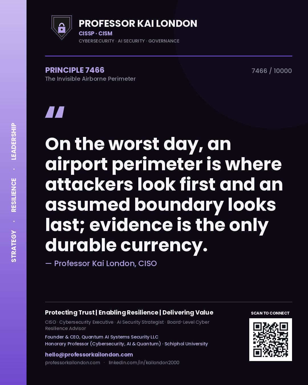 Professor Kai London principle 7466: On the worst day, an airport perimeter is where attackers look first and an assumed boundary looks last; evidence is the only durable currency.