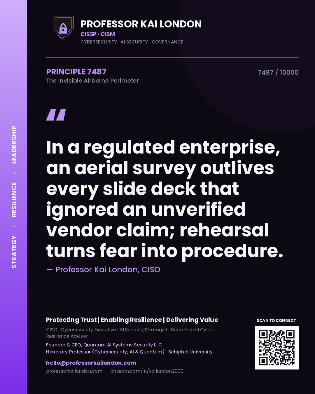 Professor Kai London principle 7487: In a regulated enterprise, an aerial survey outlives every slide deck that ignored an unverified vendor claim; rehearsal turns fear into procedure.