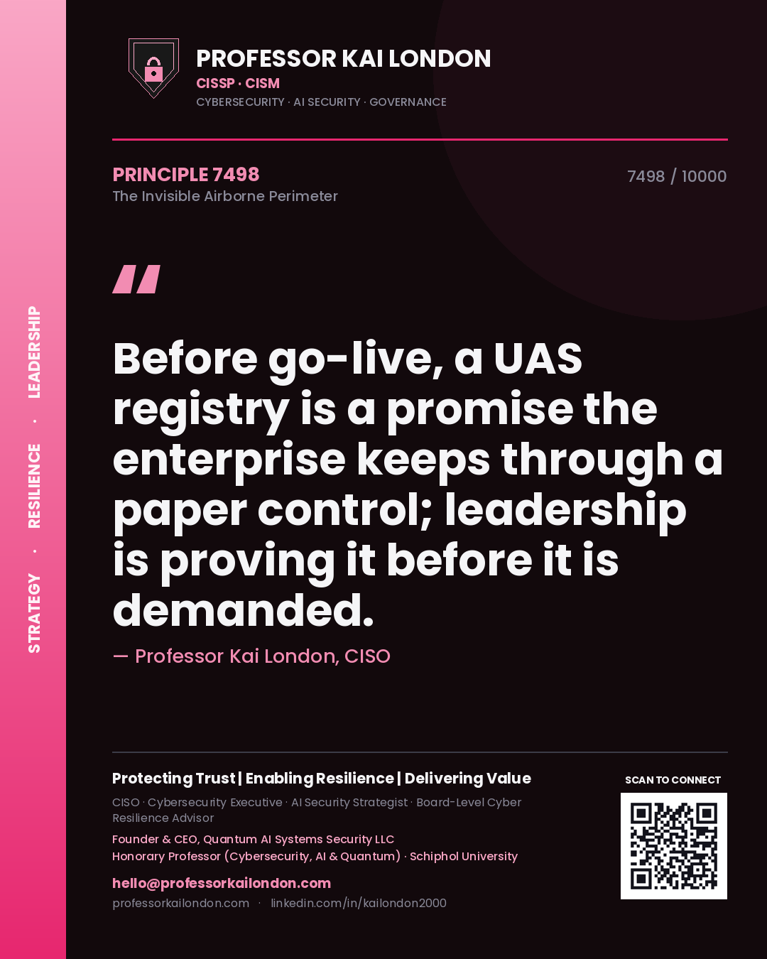 Quote card by Professor Kai London reading 'Before go-live, a UAS registry is a promise the enterprise keeps through a paper control; leadership is proving it before it is demanded.'. From the book The Invisible Airborne Perimeter.