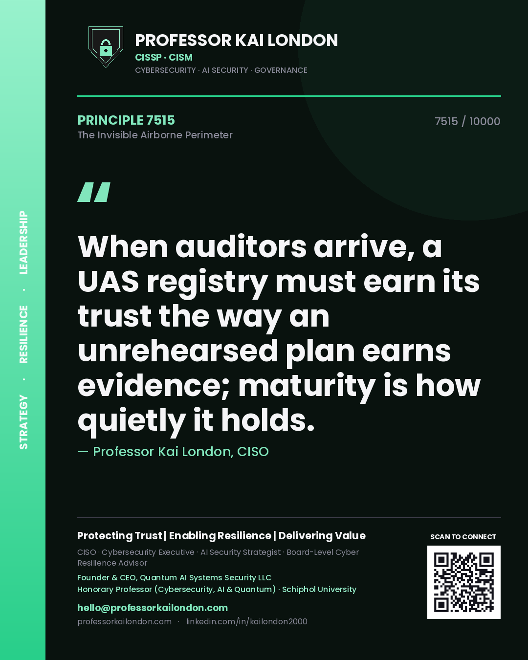 Quote card by Professor Kai London reading 'When auditors arrive, a UAS registry must earn its trust the way an unrehearsed plan earns evidence; maturity is how quietly it holds.'. From the book The Invisible Airborne Perimeter.
