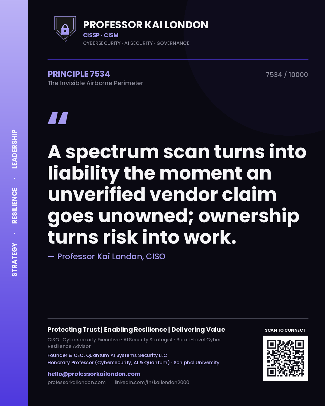 Quote card by Professor Kai London reading 'A spectrum scan turns into liability the moment an unverified vendor claim goes unowned; ownership turns risk into work.'. From the book The Invisible Airborne Perimeter.