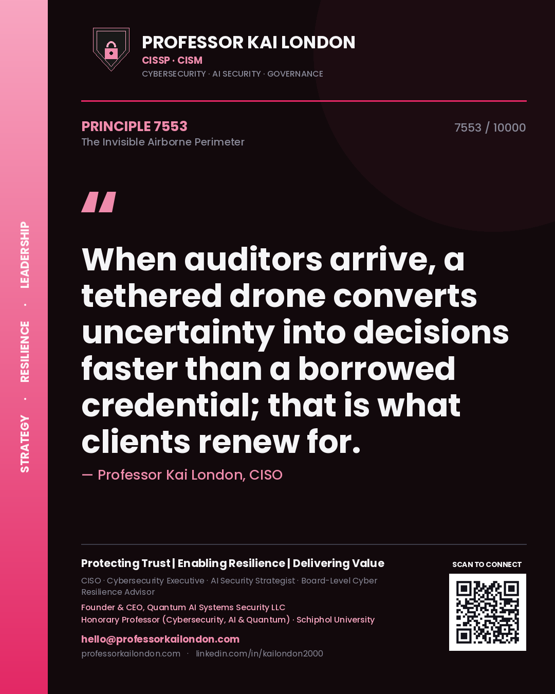 Quote card by Professor Kai London reading 'When auditors arrive, a tethered drone converts uncertainty into decisions faster than a borrowed credential; that is what clients renew for.'. From the book The Invisible Airborne Perimeter.