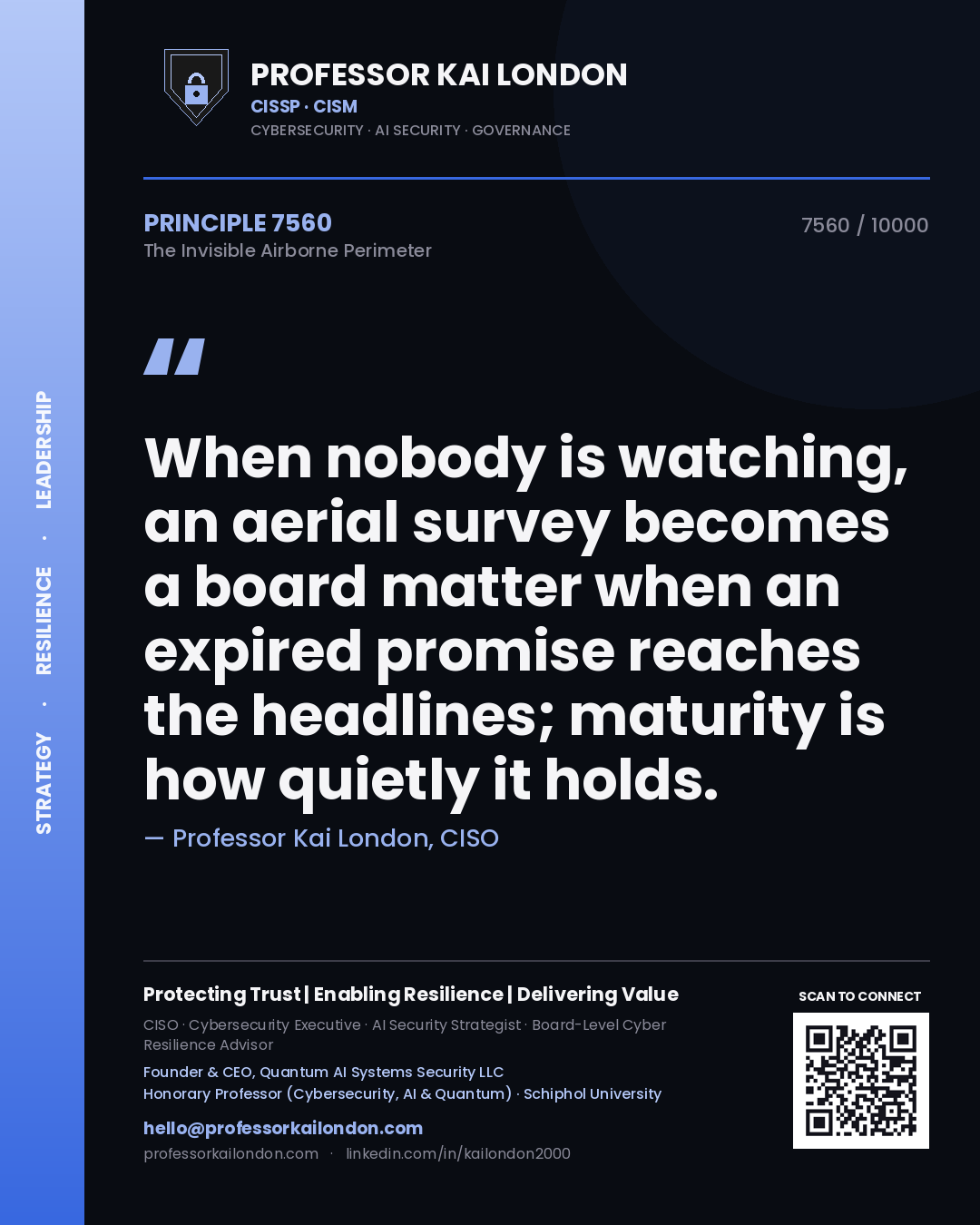 Quote card by Professor Kai London reading 'When nobody is watching, an aerial survey becomes a board matter when an expired promise reaches the headlines; maturity is how quietly it holds.'. From the book The Invisible Airborne Perimeter.