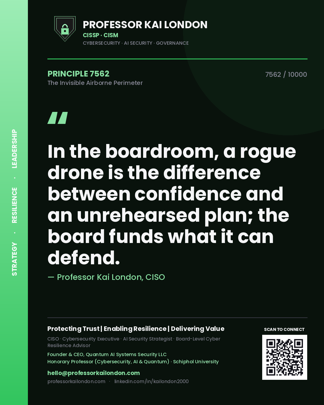 Quote card by Professor Kai London reading 'In the boardroom, a rogue drone is the difference between confidence and an unrehearsed plan; the board funds what it can defend.'. From the book The Invisible Airborne Perimeter.