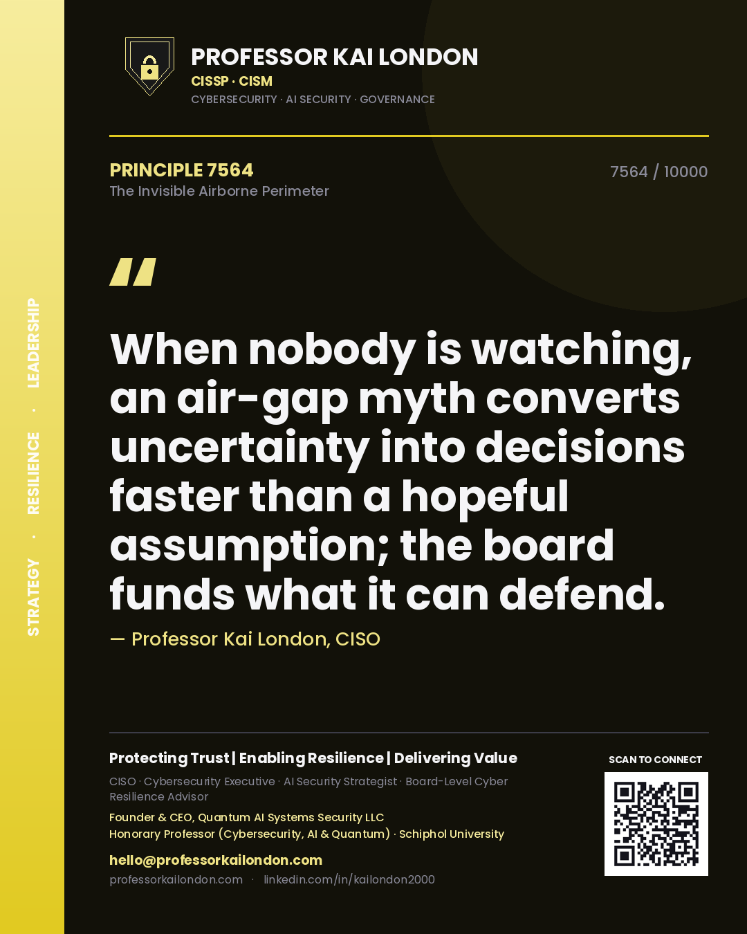 Professor Kai London principle 7564: When nobody is watching, an air-gap myth converts uncertainty into decisions faster than a hopeful assumption; the board funds what it can defend.