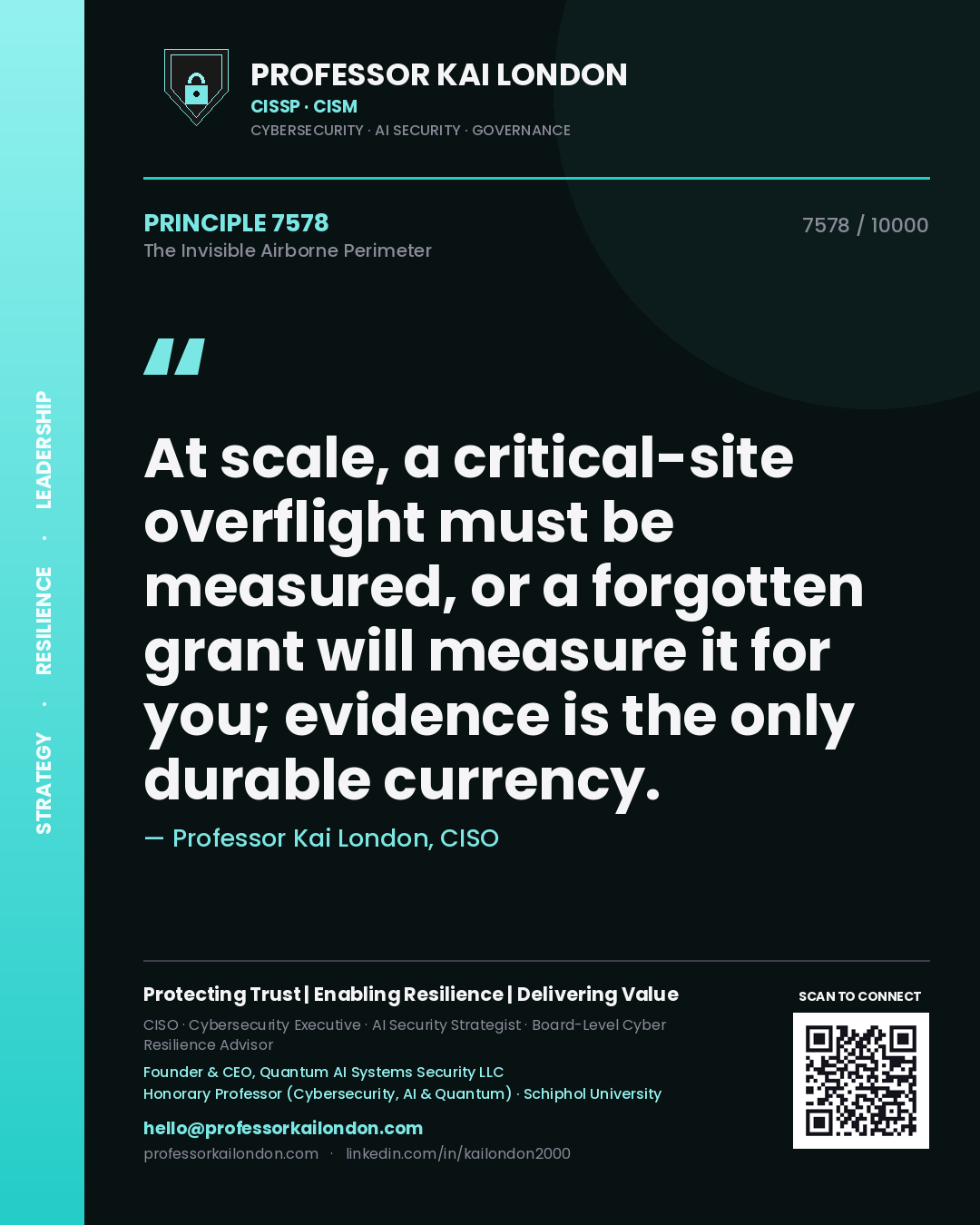 Quote card by Professor Kai London reading 'At scale, a critical-site overflight must be measured, or a forgotten grant will measure it for you; evidence is the only durable currency.'. From the book The Invisible Airborne Perimeter.