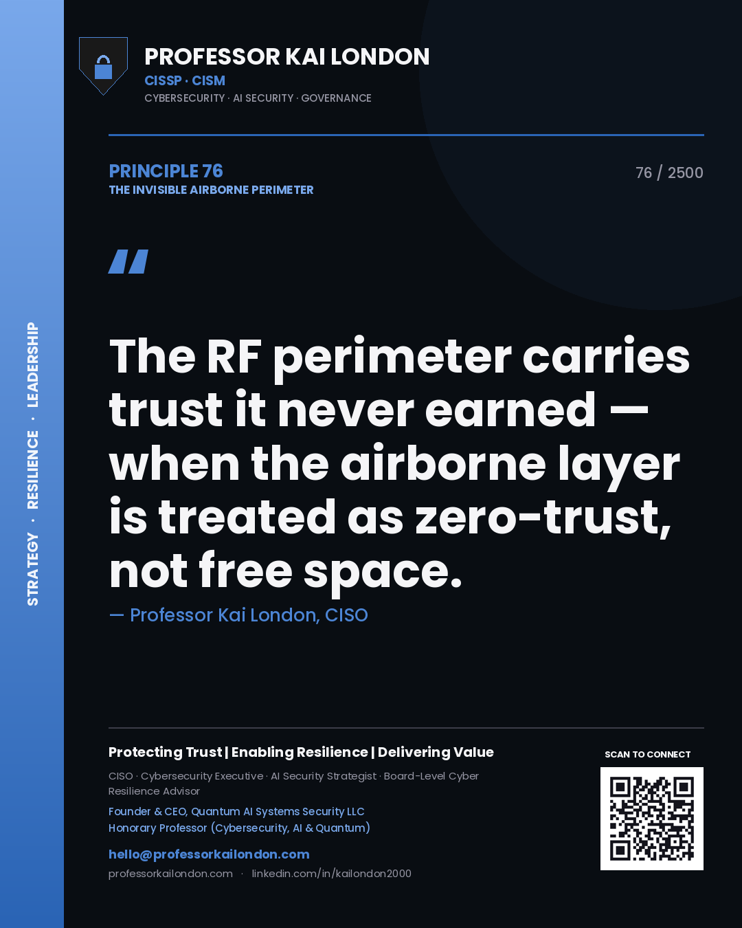 Professor Kai London principle 76: The RF perimeter carries trust it never earned — when the airborne layer is treated as zero-trust, not free space.