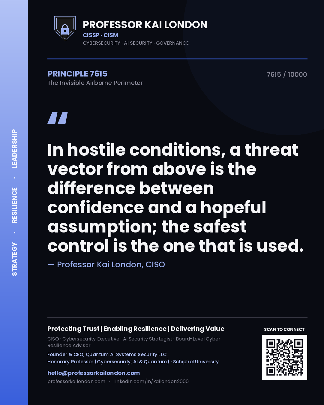 Professor Kai London principle 7615: In hostile conditions, a threat vector from above is the difference between confidence and a hopeful assumption; the safest control is the one that is used.