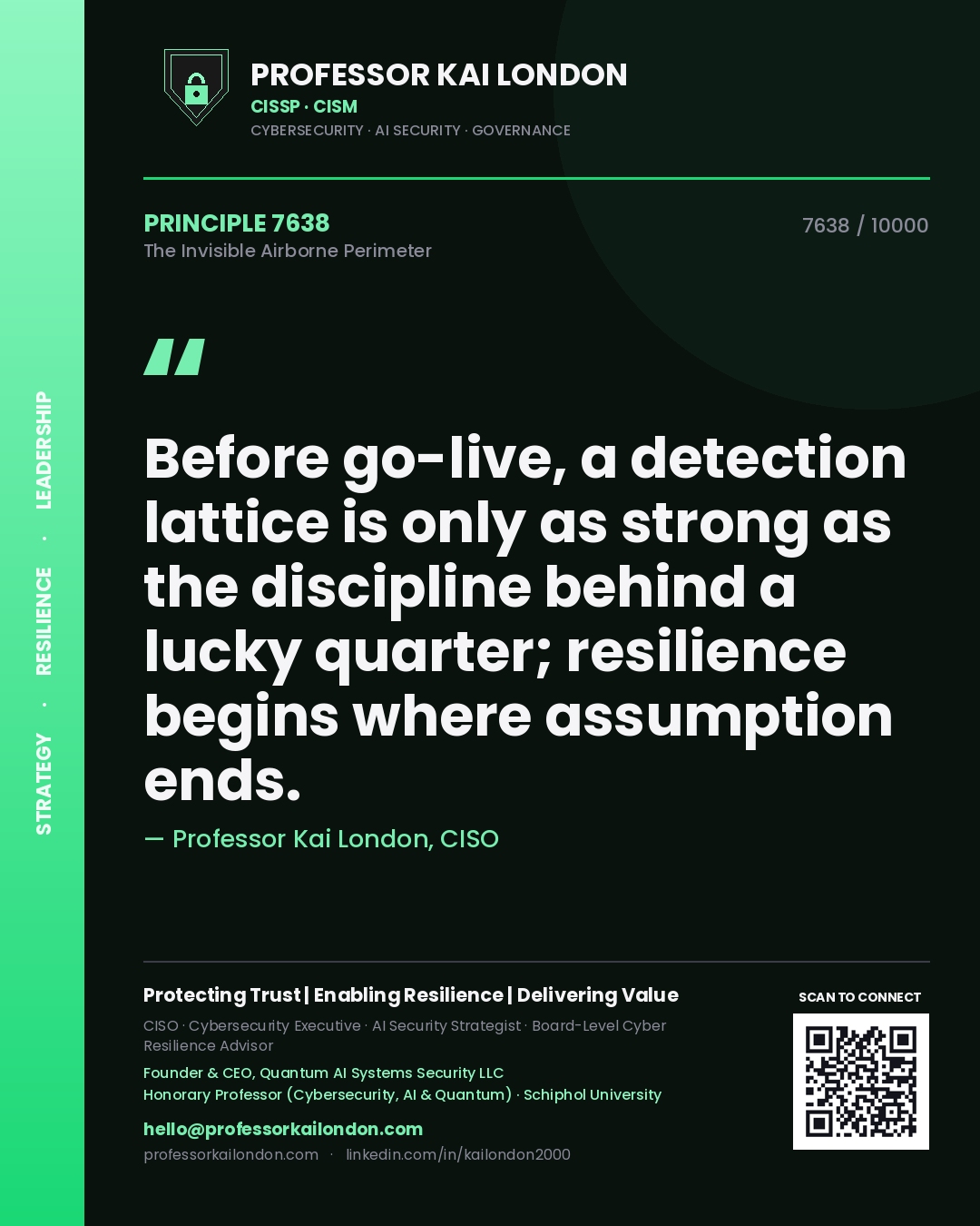 Professor Kai London principle 7638: Before go-live, a detection lattice is only as strong as the discipline behind a lucky quarter; resilience begins where assumption ends.