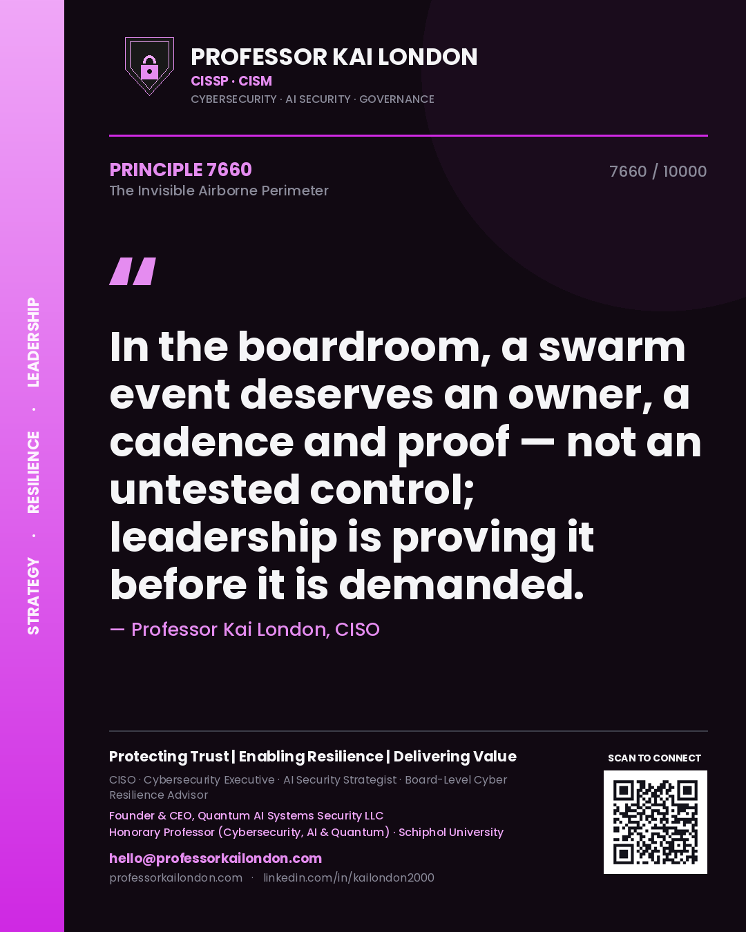 Professor Kai London principle 7660: In the boardroom, a swarm event deserves an owner, a cadence and proof — not an untested control; leadership is proving it before it is demanded.