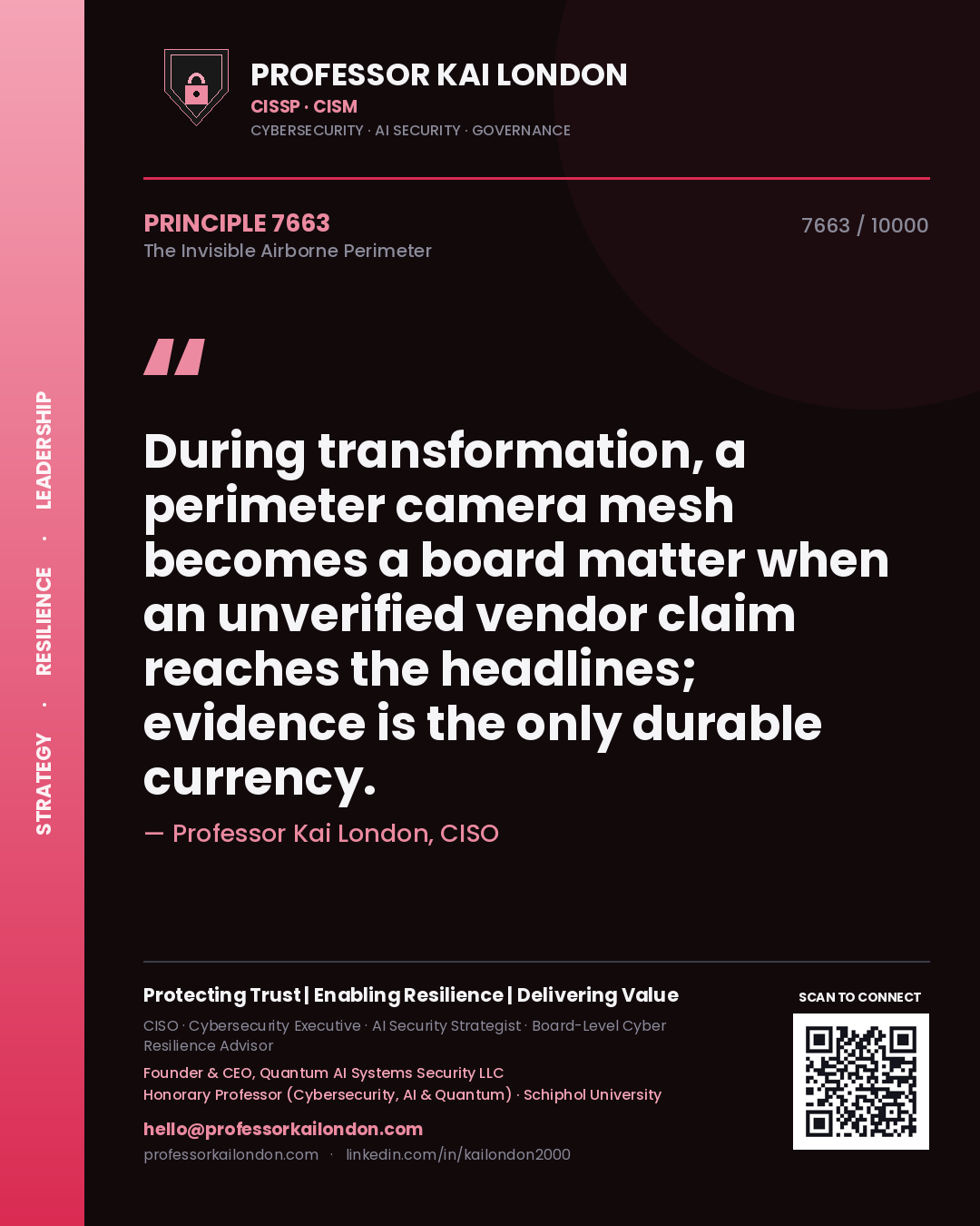 Professor Kai London principle 7663: During transformation, a perimeter camera mesh becomes a board matter when an unverified vendor claim reaches the headlines; evidence is the only durable currency.