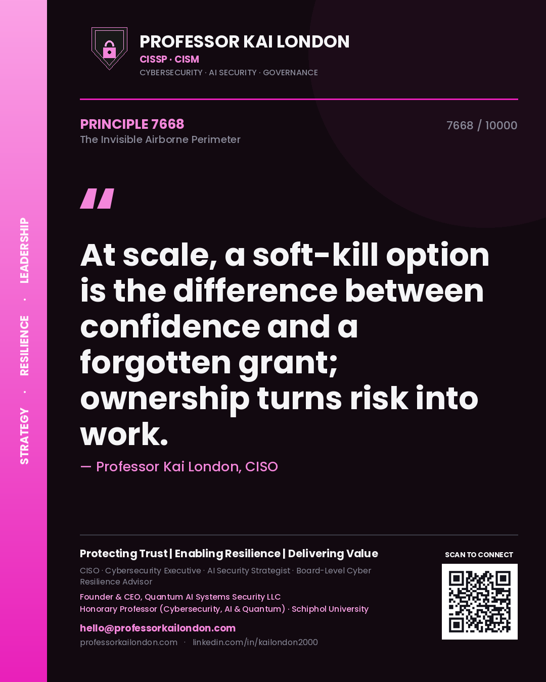 Quote card by Professor Kai London reading 'At scale, a soft-kill option is the difference between confidence and a forgotten grant; ownership turns risk into work.'. From the book The Invisible Airborne Perimeter.