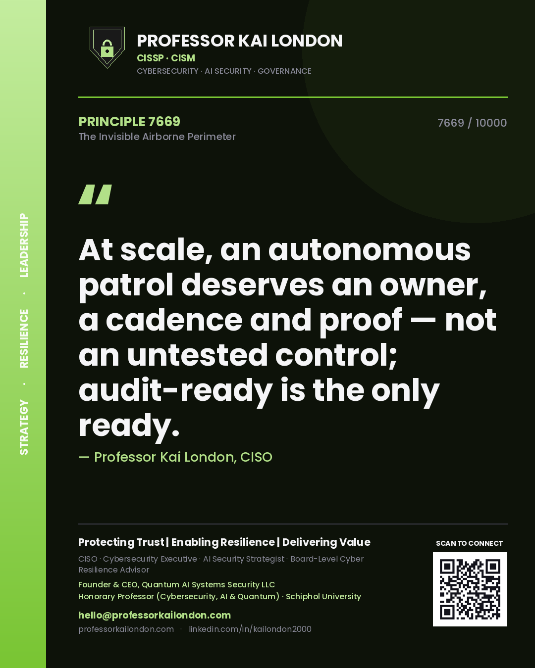 Professor Kai London principle 7669: At scale, an autonomous patrol deserves an owner, a cadence and proof — not an untested control; audit-ready is the only ready.
