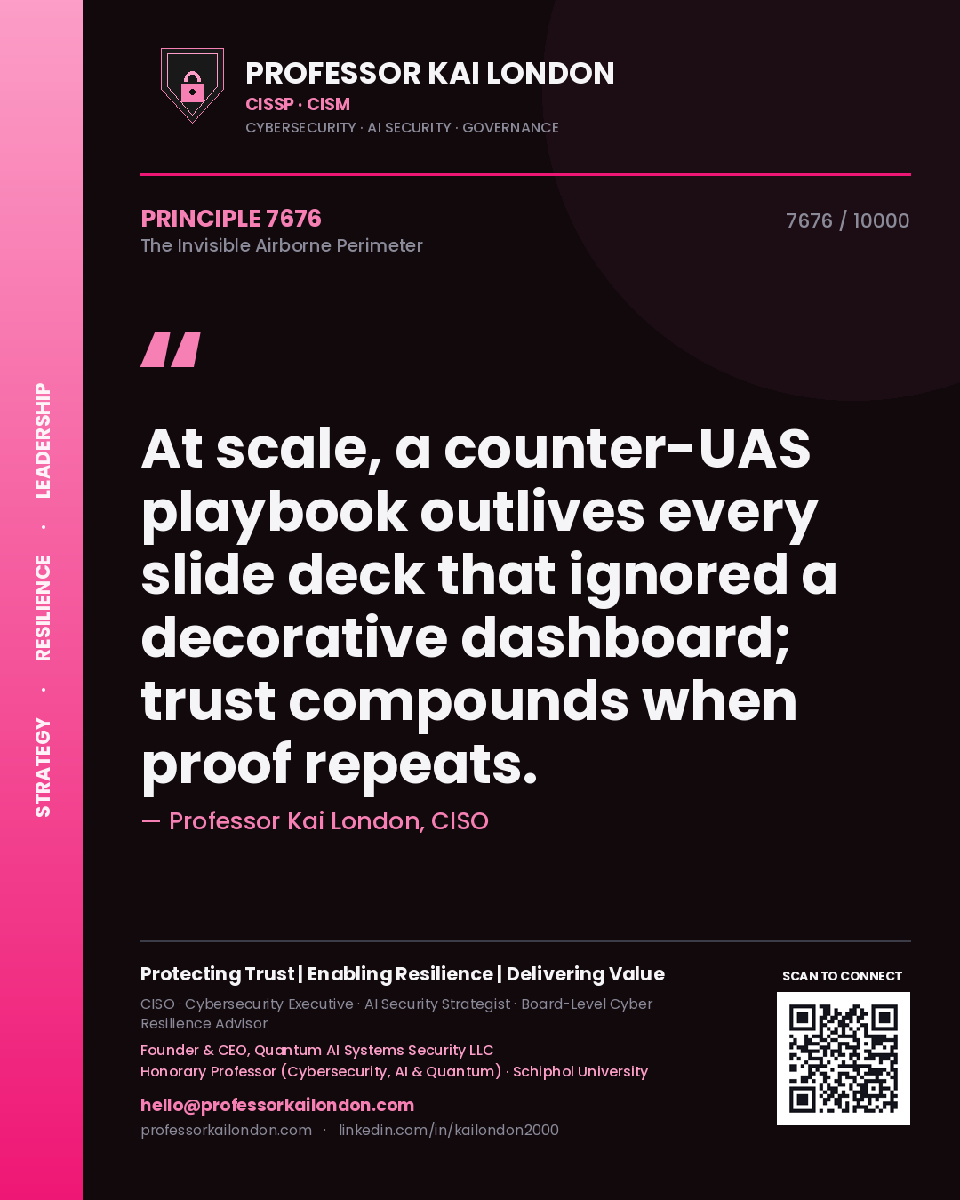 Quote card by Professor Kai London reading 'At scale, a counter-UAS playbook outlives every slide deck that ignored a decorative dashboard; trust compounds when proof repeats.'. From the book The Invisible Airborne Perimeter.