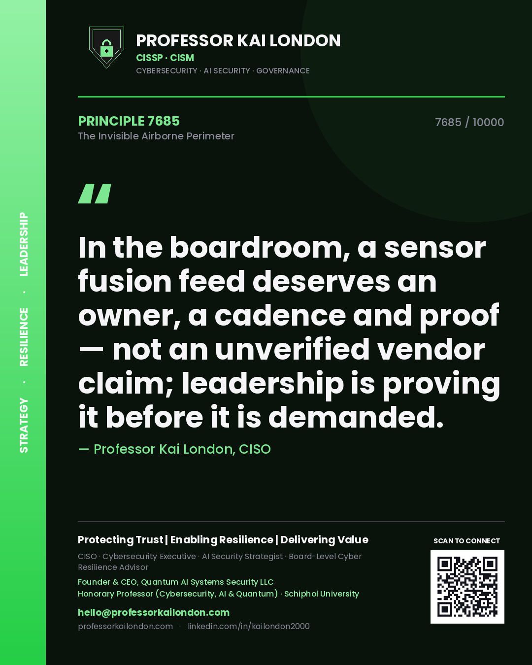 Quote card by Professor Kai London reading 'In the boardroom, a sensor fusion feed deserves an owner, a cadence and proof — not an unverified vendor claim; leadership is proving it before it is demanded.'. From the book The Invisible Airborne Perimeter.