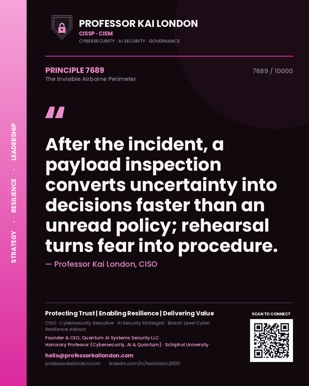 Professor Kai London principle 7689: After the incident, a payload inspection converts uncertainty into decisions faster than an unread policy; rehearsal turns fear into procedure.