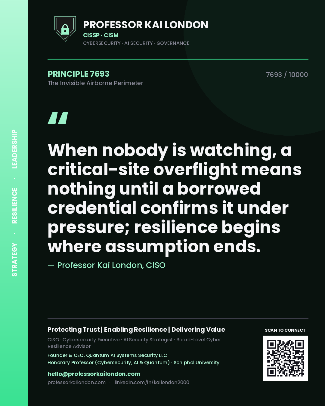 Professor Kai London principle 7693: When nobody is watching, a critical-site overflight means nothing until a borrowed credential confirms it under pressure; resilience begins where assumption ends.