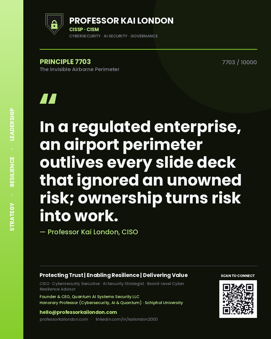 Quote card by Professor Kai London reading 'In a regulated enterprise, an airport perimeter outlives every slide deck that ignored an unowned risk; ownership turns risk into work.'. From the book The Invisible Airborne Perimeter.