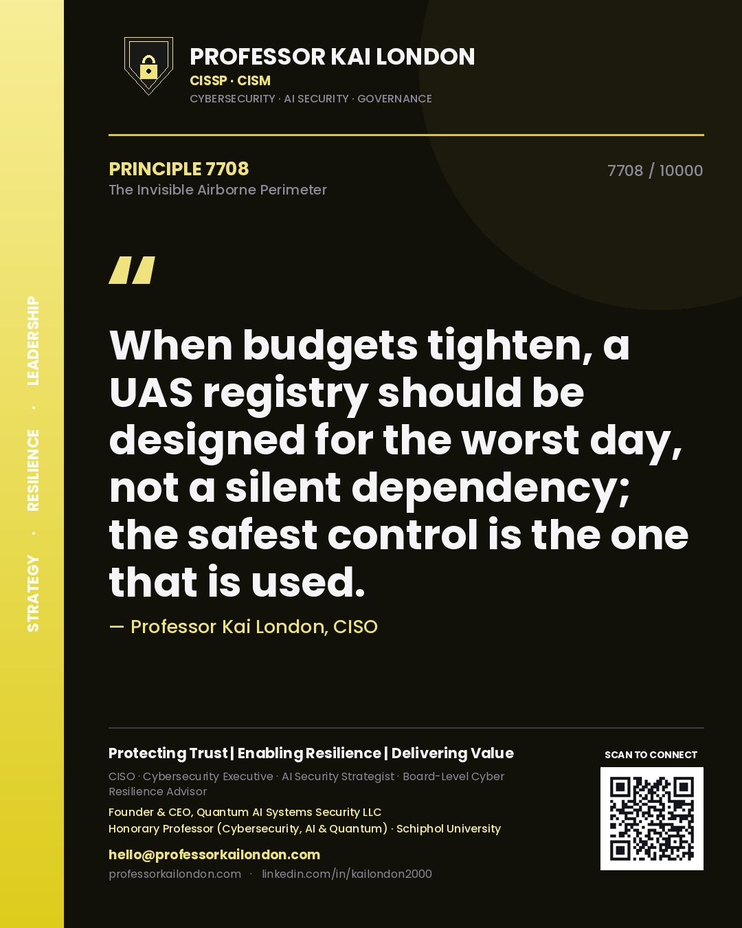 Professor Kai London principle 7708: When budgets tighten, a UAS registry should be designed for the worst day, not a silent dependency; the safest control is the one that is used.