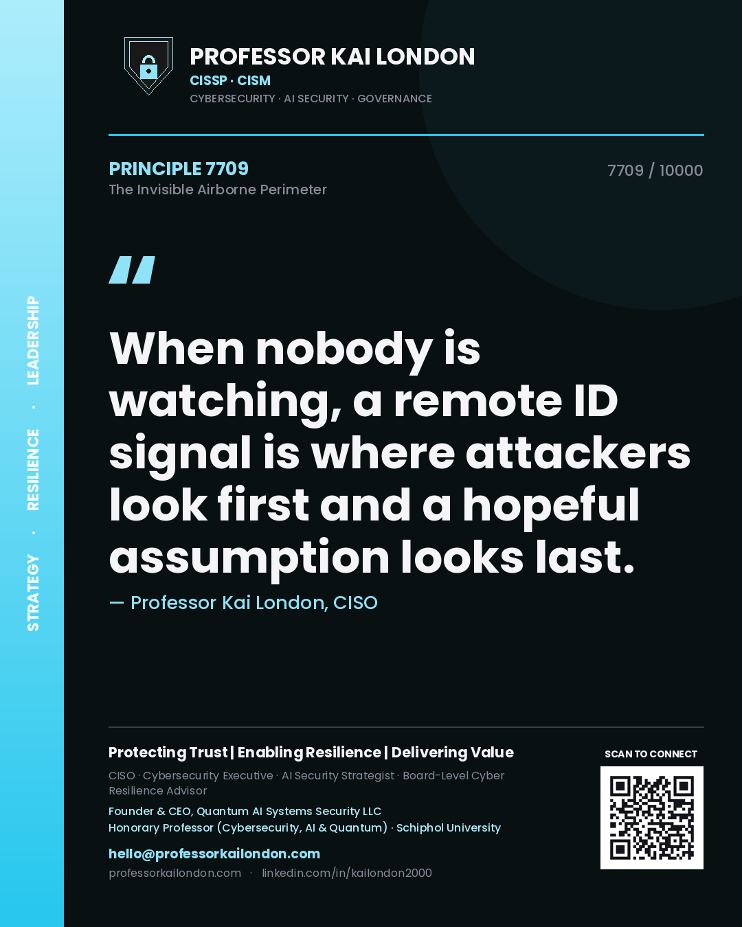 Quote card by Professor Kai London reading 'When nobody is watching, a remote ID signal is where attackers look first and a hopeful assumption looks last.'. From the book The Invisible Airborne Perimeter.