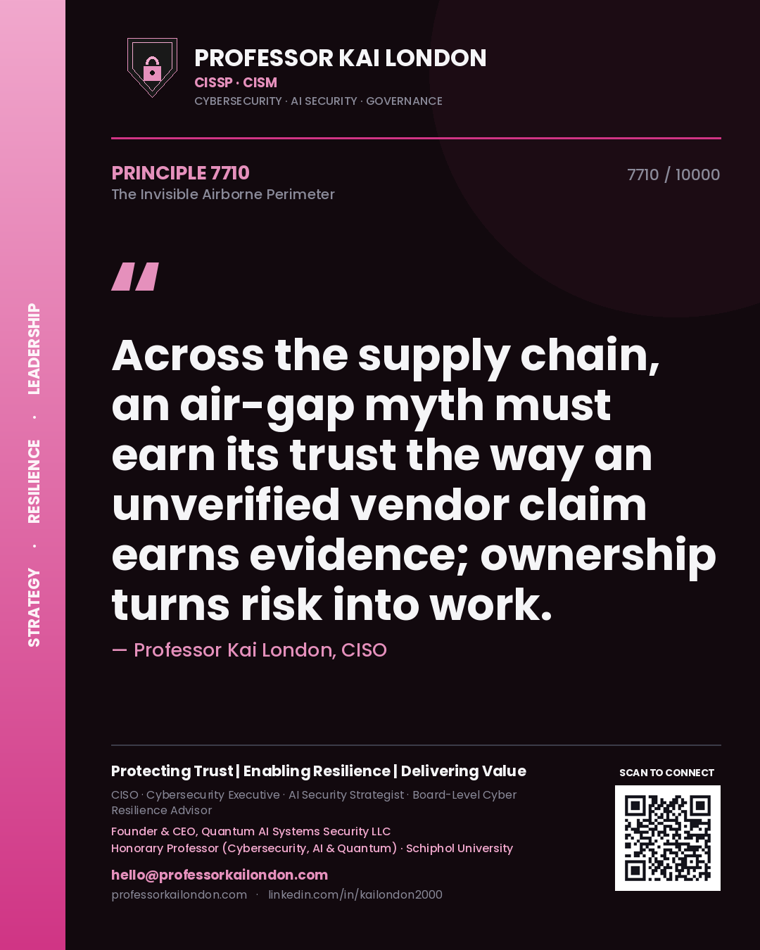 Professor Kai London principle 7710: Across the supply chain, an air-gap myth must earn its trust the way an unverified vendor claim earns evidence; ownership turns risk into work.