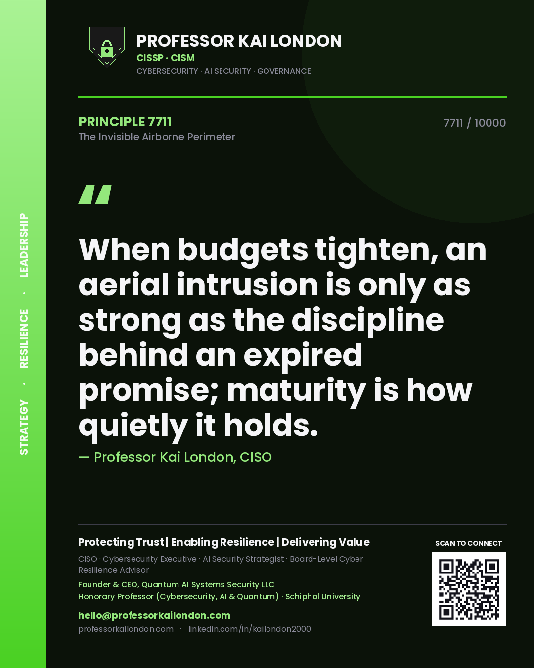 Quote card by Professor Kai London reading 'When budgets tighten, an aerial intrusion is only as strong as the discipline behind an expired promise; maturity is how quietly it holds.'. From the book The Invisible Airborne Perimeter.