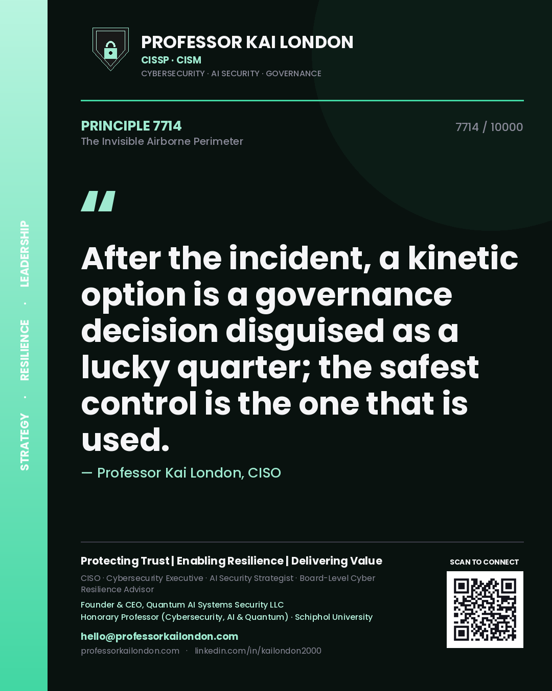 Quote card by Professor Kai London reading 'After the incident, a kinetic option is a governance decision disguised as a lucky quarter; the safest control is the one that is used.'. From the book The Invisible Airborne Perimeter.