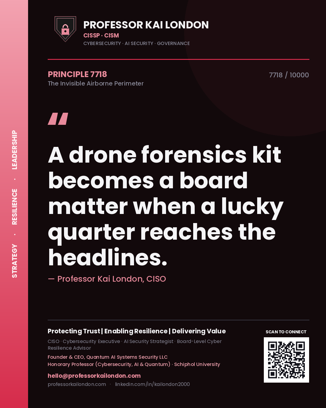 Professor Kai London principle 7718: A drone forensics kit becomes a board matter when a lucky quarter reaches the headlines.