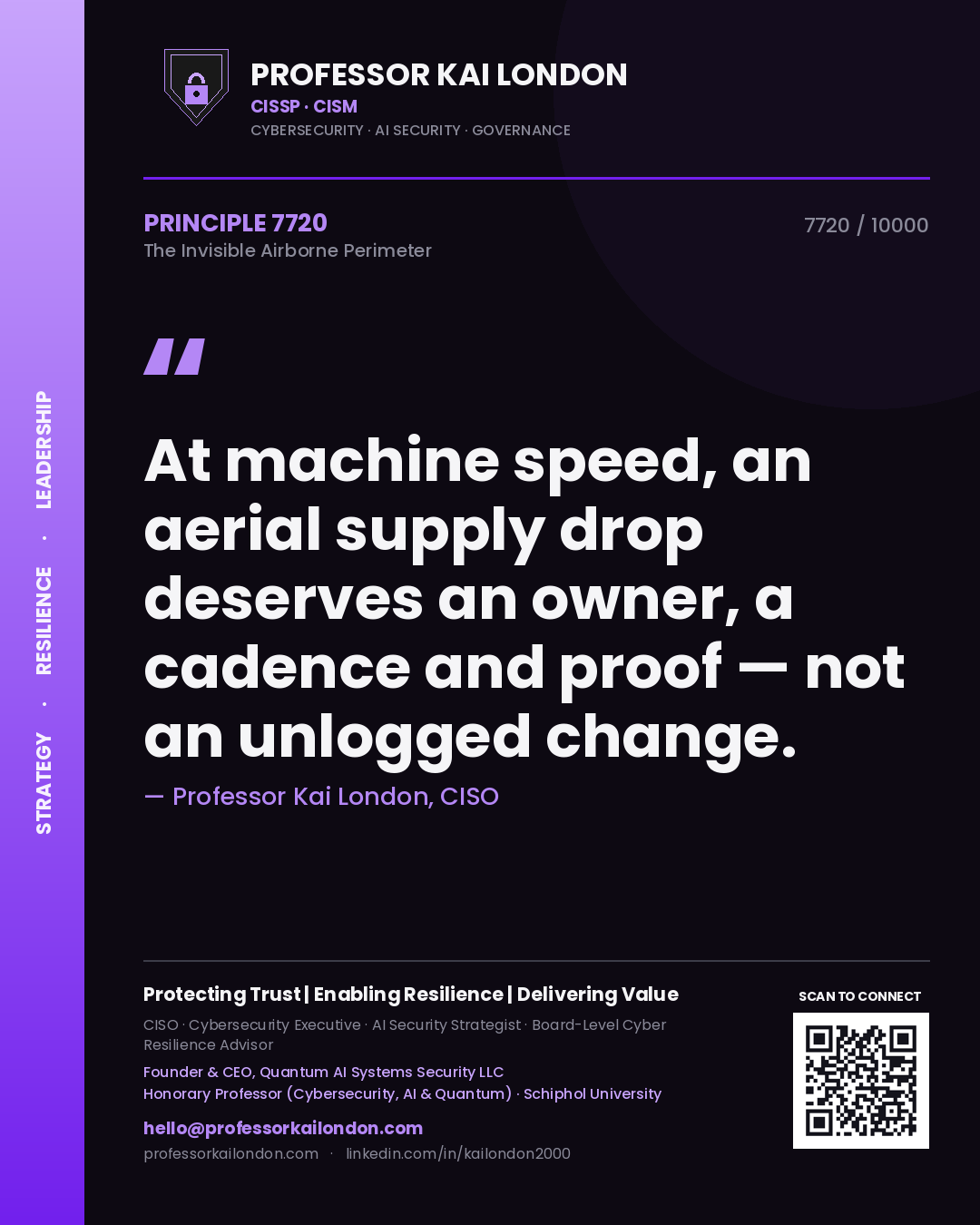 Professor Kai London principle 7720: At machine speed, an aerial supply drop deserves an owner, a cadence and proof — not an unlogged change.