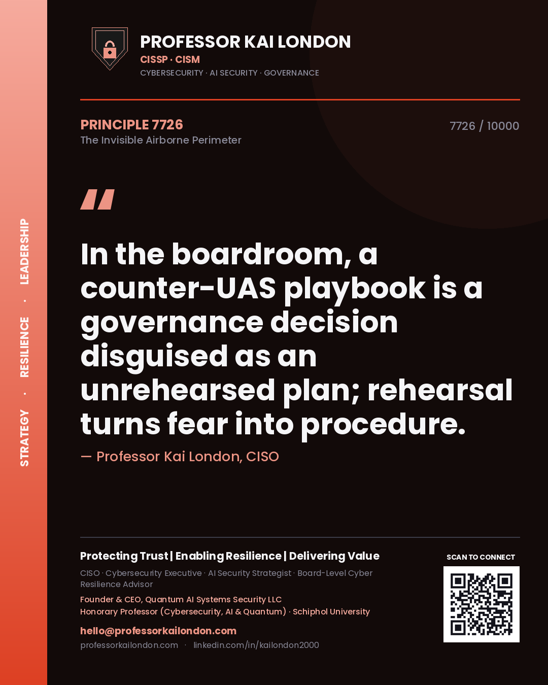 Quote card by Professor Kai London reading 'In the boardroom, a counter-UAS playbook is a governance decision disguised as an unrehearsed plan; rehearsal turns fear into procedure.'. From the book The Invisible Airborne Perimeter.