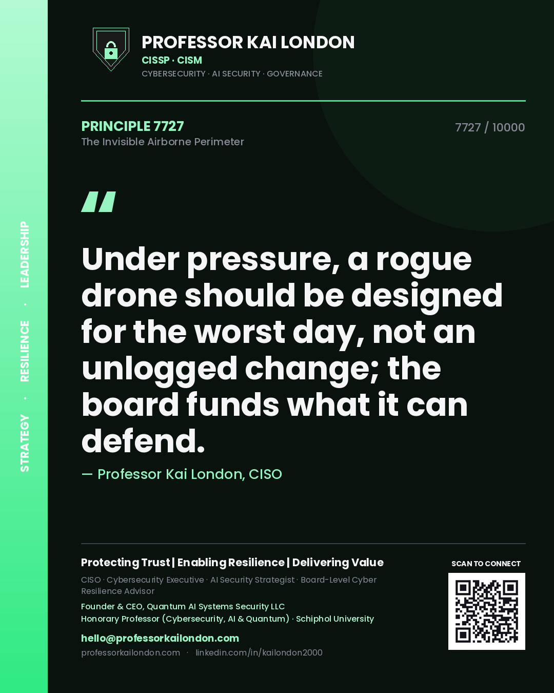 Quote card by Professor Kai London reading 'Under pressure, a rogue drone should be designed for the worst day, not an unlogged change; the board funds what it can defend.'. From the book The Invisible Airborne Perimeter.