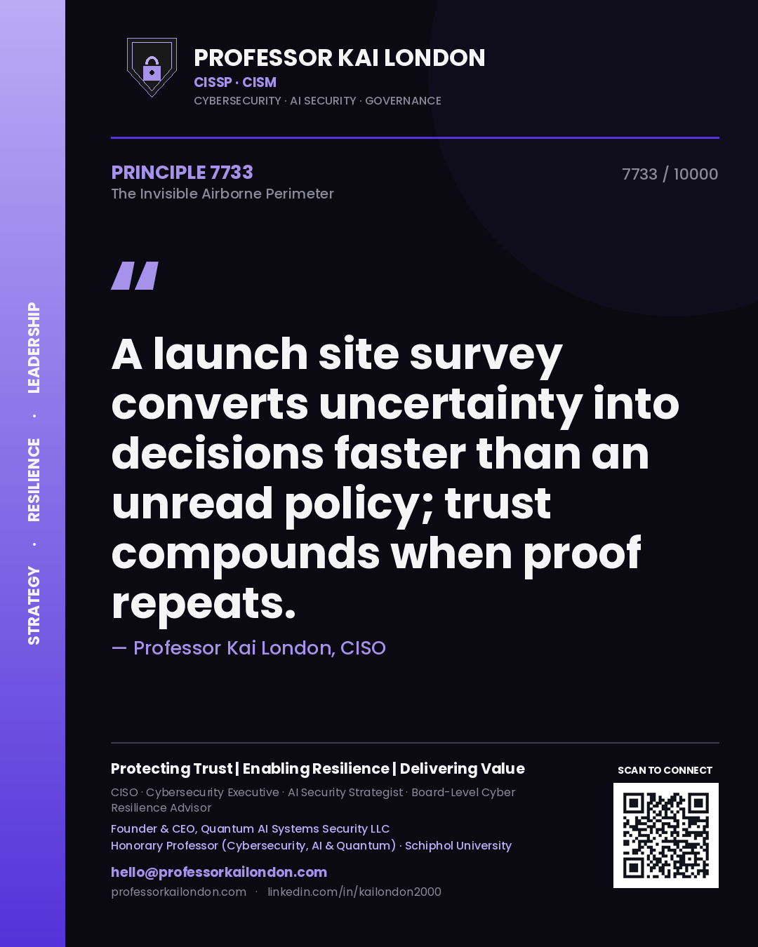 Professor Kai London principle 7733: A launch site survey converts uncertainty into decisions faster than an unread policy; trust compounds when proof repeats.