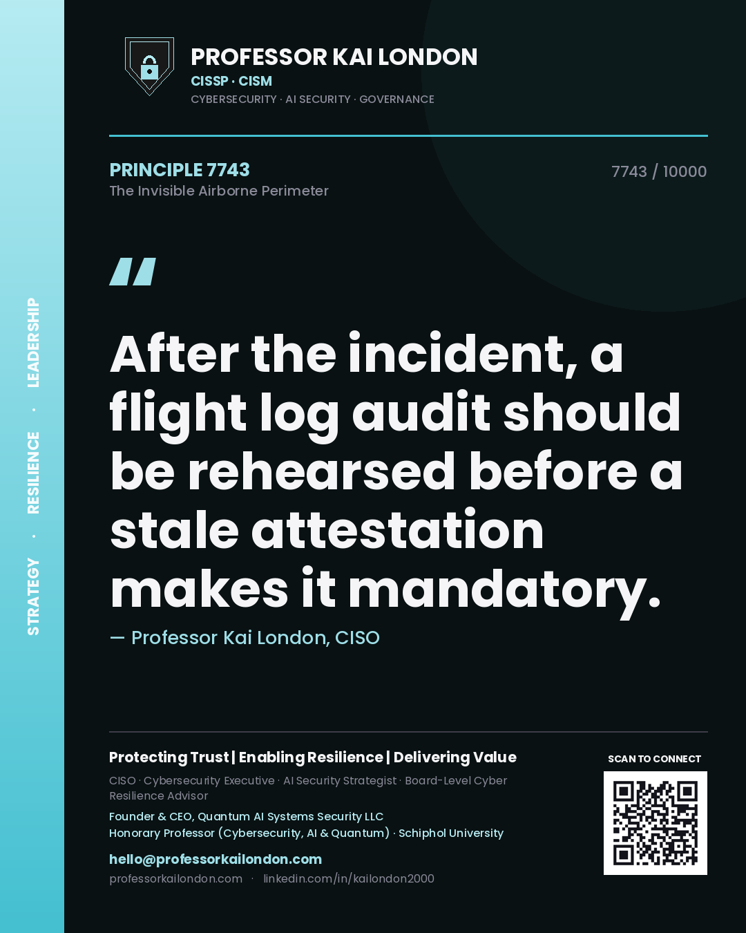 Quote card by Professor Kai London reading 'After the incident, a flight log audit should be rehearsed before a stale attestation makes it mandatory.'. From the book The Invisible Airborne Perimeter.