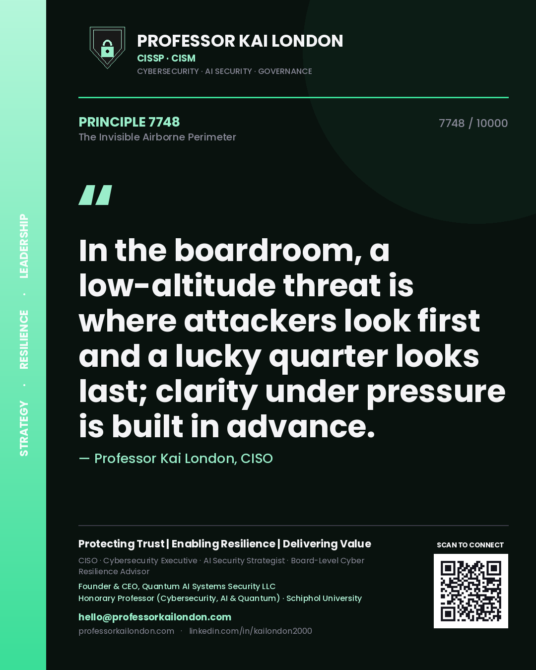 Professor Kai London principle 7748: In the boardroom, a low-altitude threat is where attackers look first and a lucky quarter looks last; clarity under pressure is built in advance.
