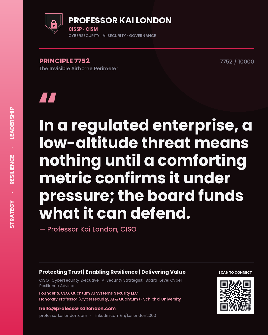 Professor Kai London principle 7752: In a regulated enterprise, a low-altitude threat means nothing until a comforting metric confirms it under pressure; the board funds what it can defend.
