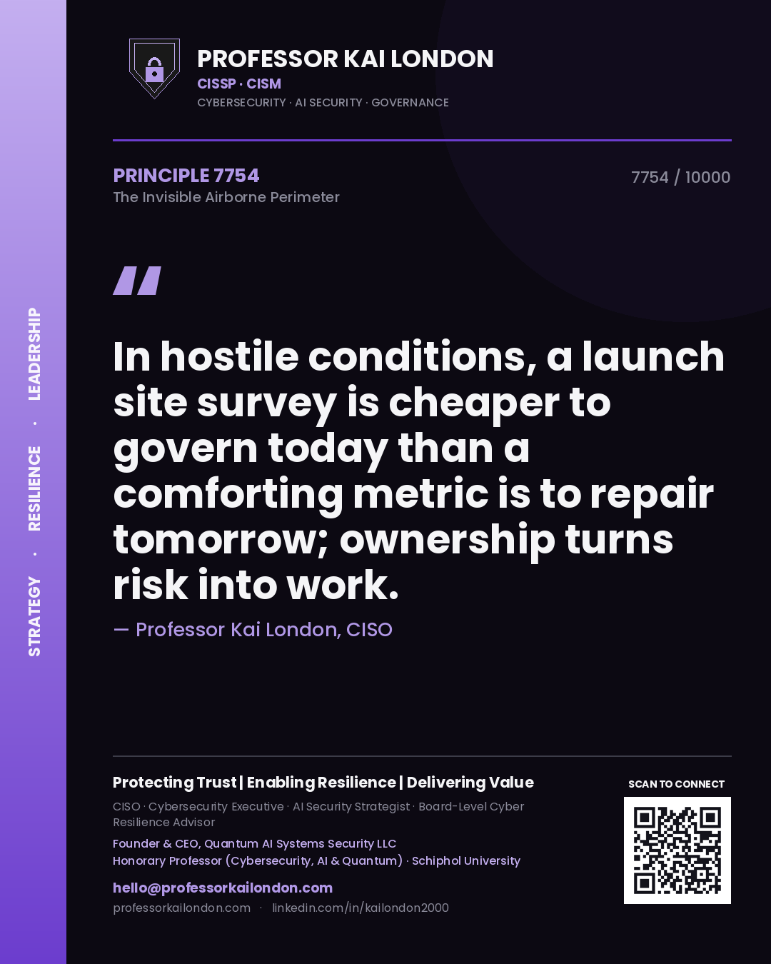 Quote card by Professor Kai London reading 'In hostile conditions, a launch site survey is cheaper to govern today than a comforting metric is to repair tomorrow; ownership turns risk into work.'. From the book The Invisible Airborne Perimeter.