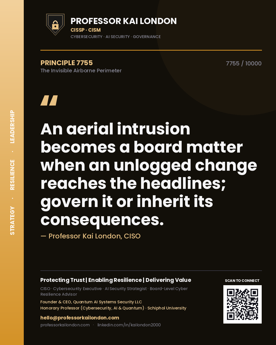 Professor Kai London principle 7755: An aerial intrusion becomes a board matter when an unlogged change reaches the headlines; govern it or inherit its consequences.