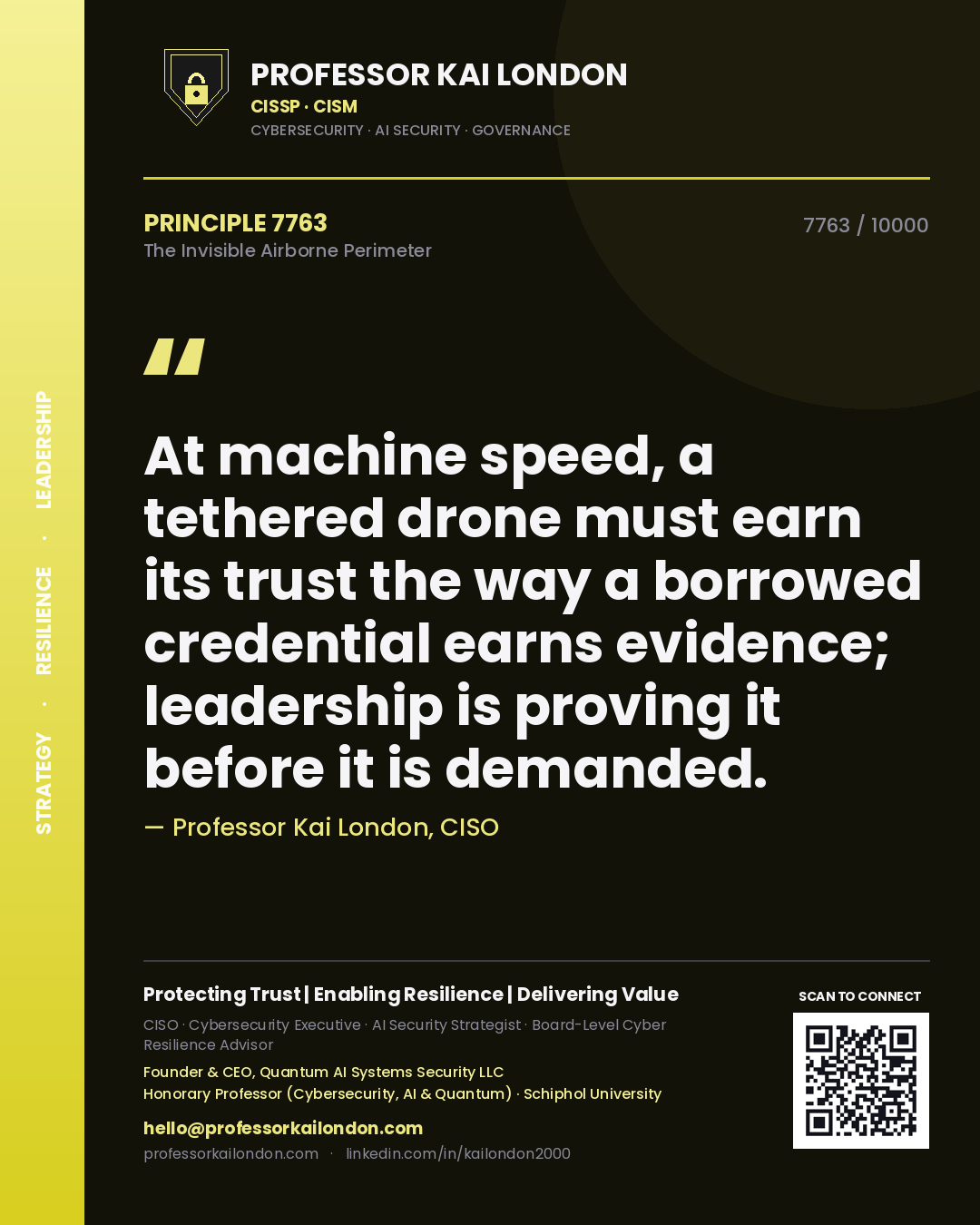 Professor Kai London principle 7763: At machine speed, a tethered drone must earn its trust the way a borrowed credential earns evidence; leadership is proving it before it is demanded.